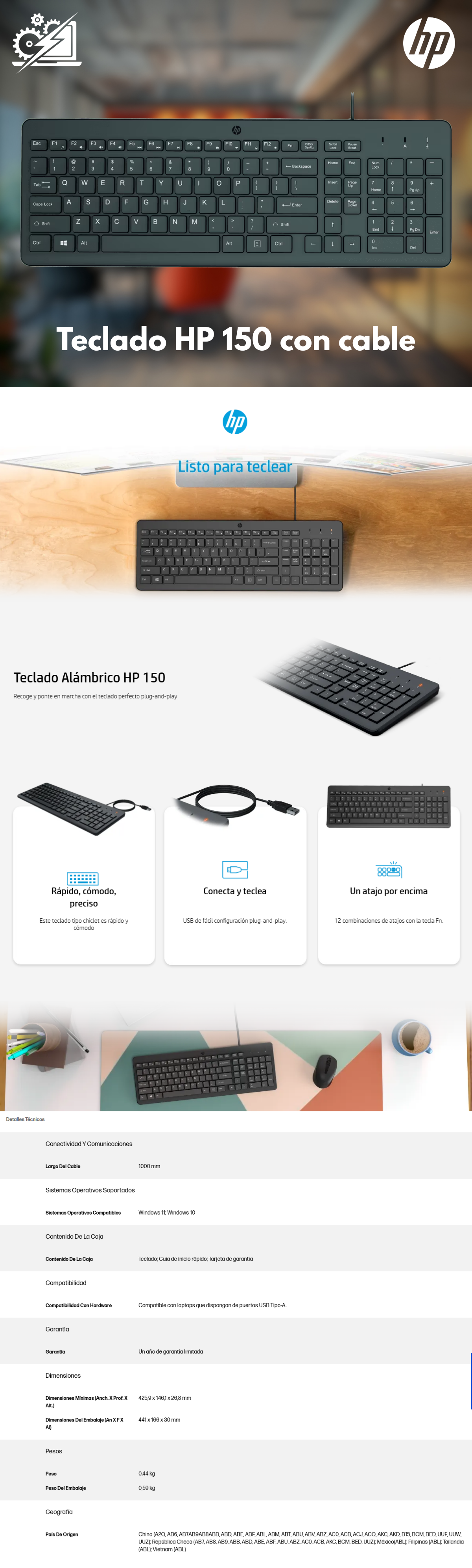 HP Teclado con Cable 150, USB, en Inglés, Windows/Mac OS, Negro