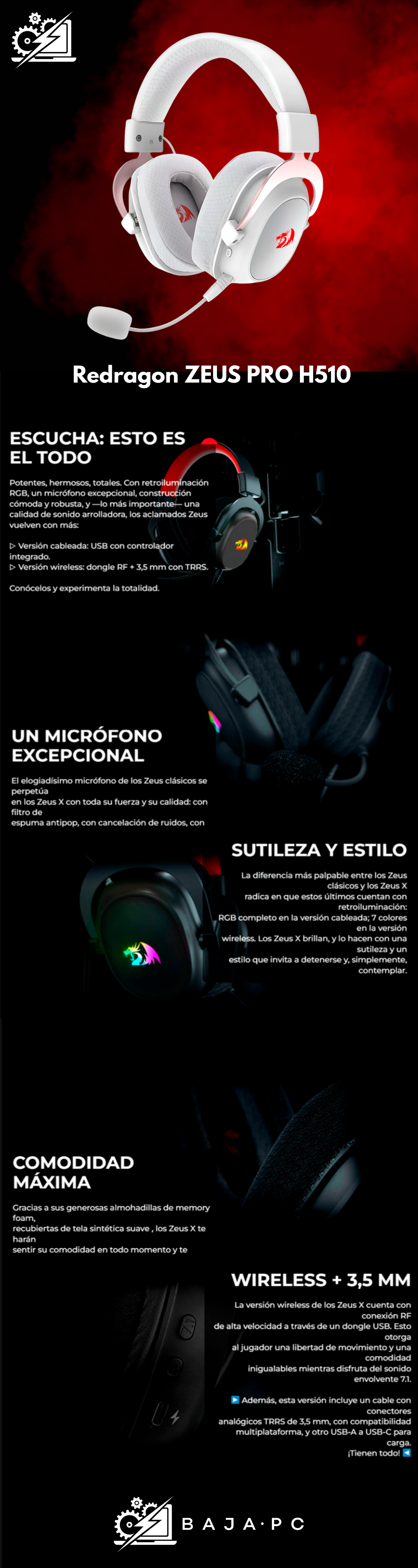 Diadema Gamer Redragon ZEUS PRO H510 / Inalámbricos / Sonido envolvente 7.1 / Blanco / H510W-PRO