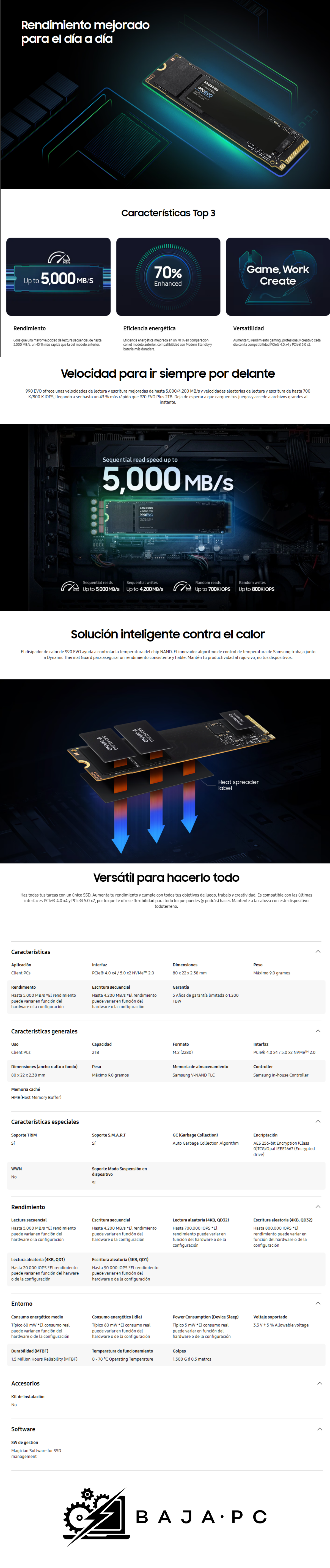 SSD Samsung 990 EVO NVMe, 2TB, M.2, 6300 MB/s Escritura, 7250 MB/s Lectura, PCI Express 4.0