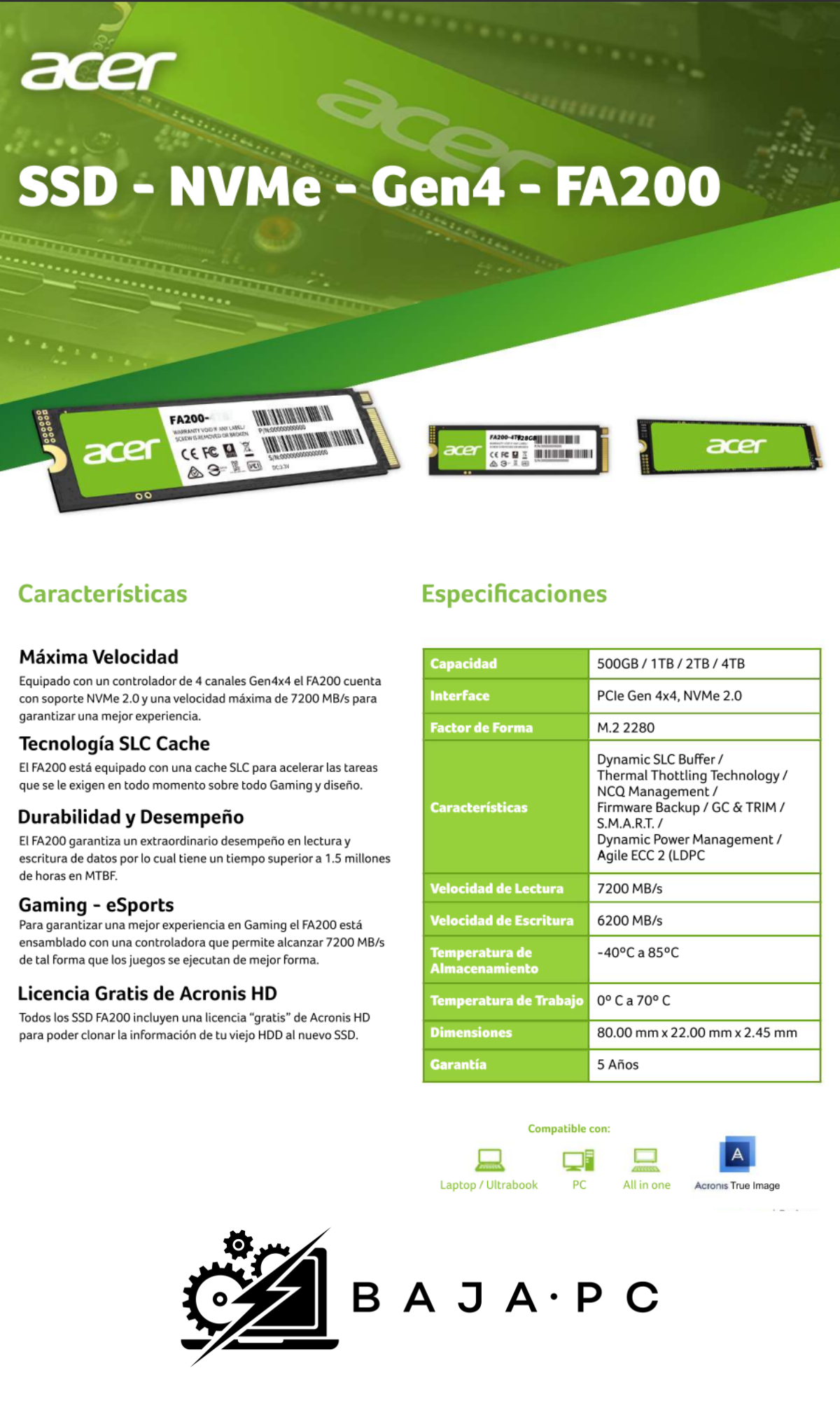 Unidad de Estado Sólido Acer FA200 NVMe / 2TB / 7200MB/s / / PCI Express 4.0 / M.2 / FA200-2TB / PS5/