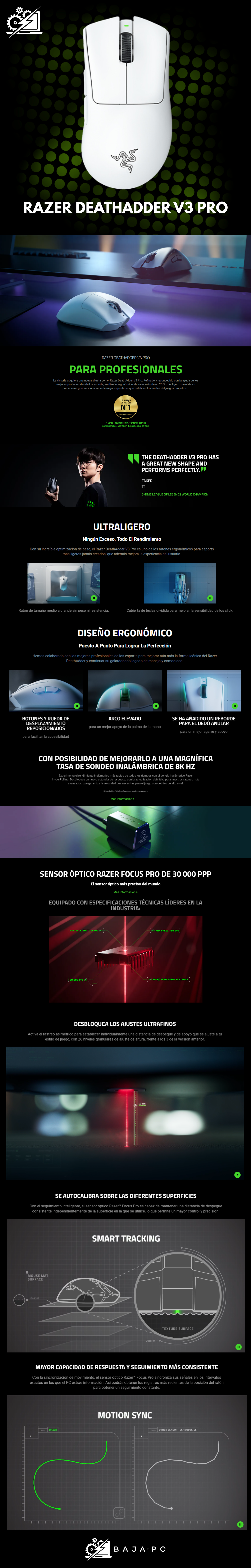 Mouse Gamer Razer Óptico DeathAdder V3 Pro, Inalámbrico, RF/USB- C, 30.000DPI, Blanco