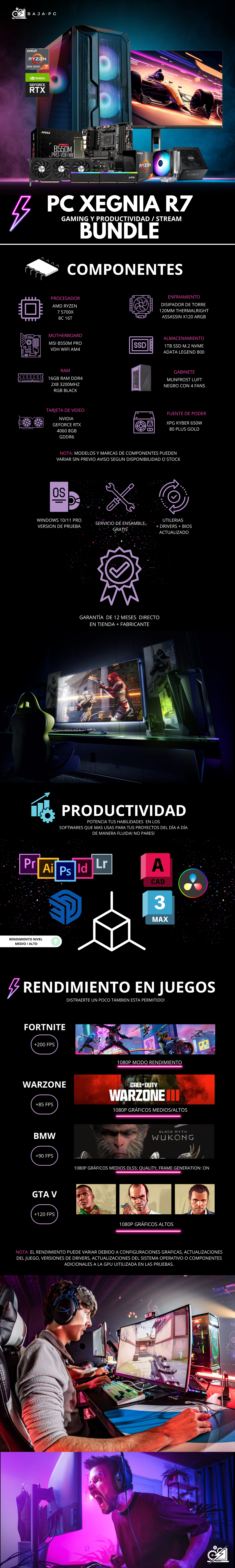 PC XEGNIA R7 BUNDLE / AMD RYZEN 7 5700X / RTX 4060 / 16GB RAM / 1TB SSD NVME / FUENTE 650W 80+ GOLD/ DISIPADOR DE TORRE ARGB / INCLUYE MONITOR 165HZ 1MS 23.8" FHD/PROMOCION
