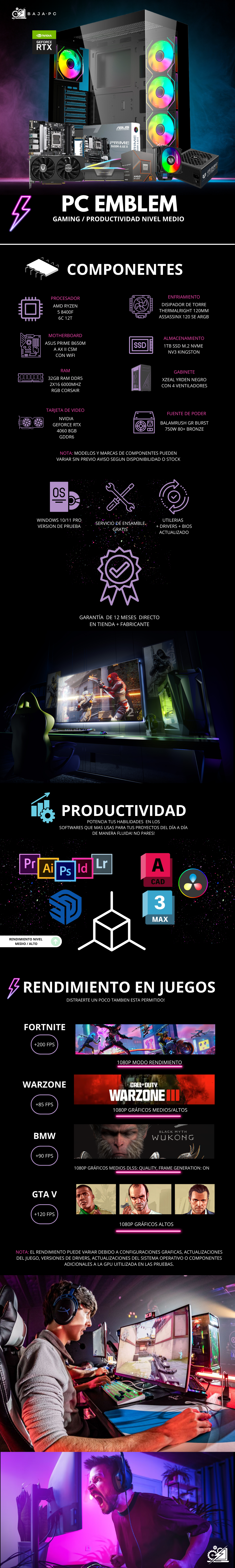 PC EMBLEM / AMD RYZEN 5 8400F / RTX 4060 / 32GB RAM DDR5 / 1TB SSD M.2 NVME / DISIPADOR DE TORRE ARGB / FUENTE 750W 80+ BRONZE / PROMOCION