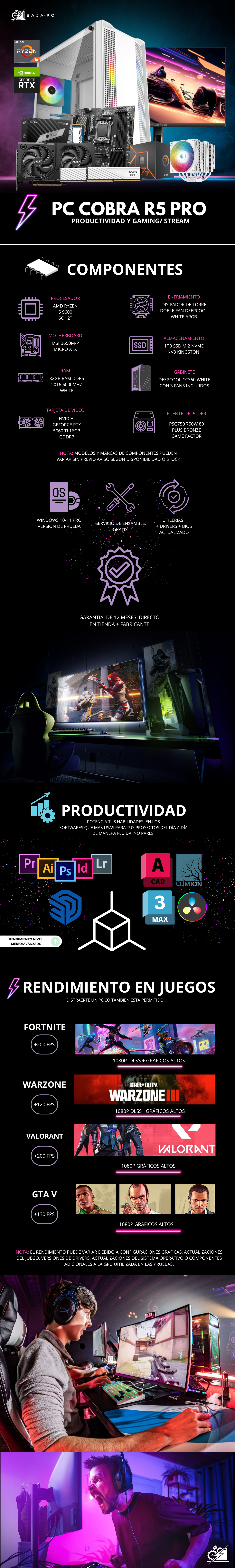 PC COBRA R5 PRO BUNDLE / AMD RYZEN 5 9600 / RTX 5060 TI 16GB / 32GB RAM DDR5 /1TB SSD M.2 NVME / DISIPADOR DE TORRE DOBLE FAN / FUENTE 750W 80+ BRONZE / INCLUYE MONITOR 23.8" FHD 165HZ 1MS / KIT TECLADO Y MOUSE/ PROMOCION
