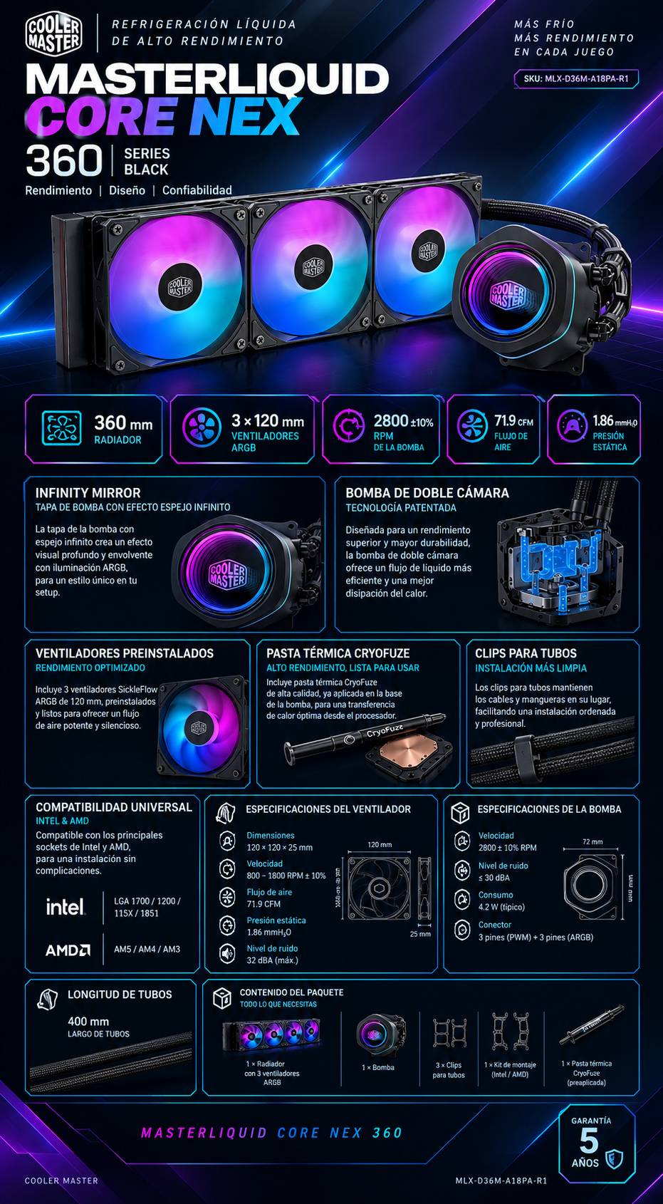 Enfriamiento Líquido Cooler Master MasterLiquid Core Nex 360 / 360mm / 3 Ventiladores ARGB / Espejo Infinito / Negro / MLX-D36M-A18PA-R1