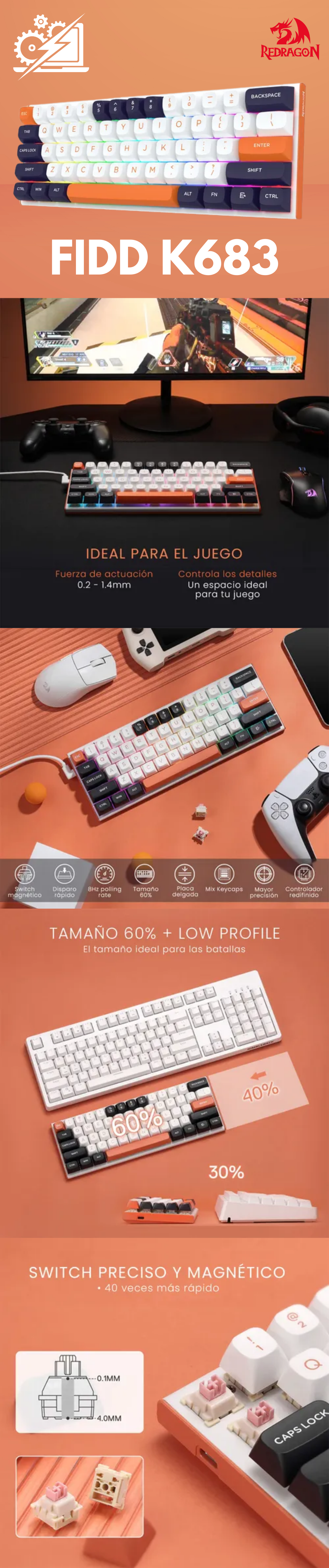  Teclado Mecánico Redragon Fidd / 60% / Led Rgb / Wireless / K683WBO-RGB-M