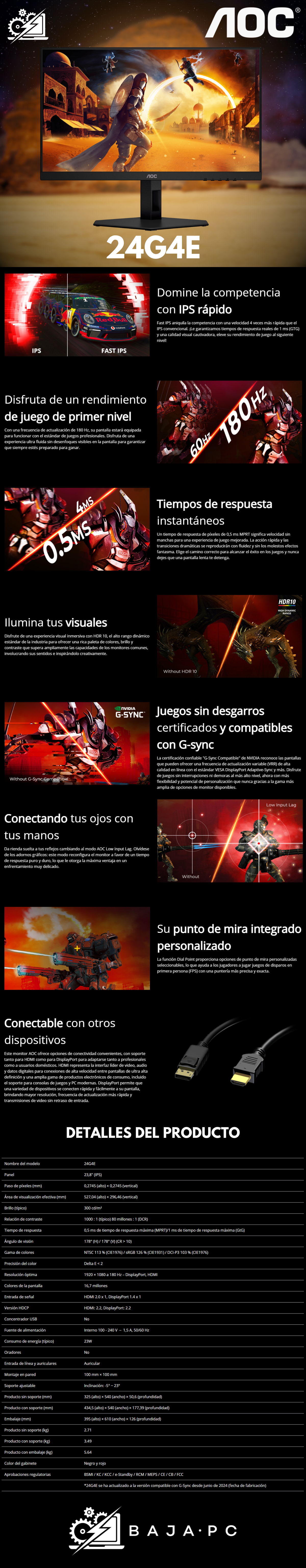 Monitor Gamer AOC 24G4E LED 23.8 / Full HD / GSYNC / 180Hz / 0.5MS / HDMI / NEGRO ROJO / 24G4E