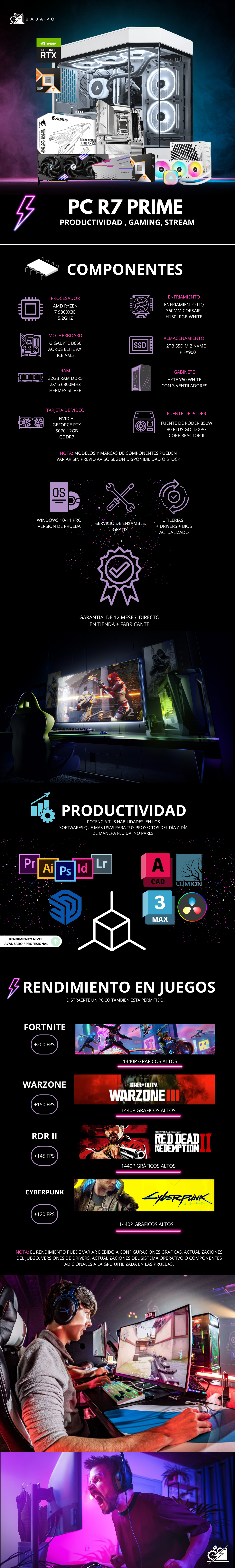 PC R7 PRIME / AMD RYZEN 7 9800X3D / RTX 5070 / 32GB RAM DDR5 / 2TB SSD M.2 NVME / ENFRIAMIENTO LIQ 360MM / FUENTE 850W 80+ GOLD / PROMOCION