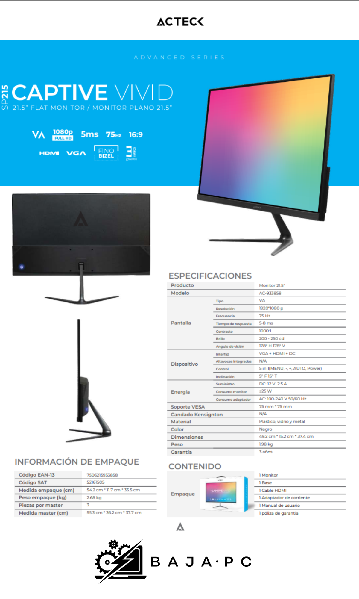 Monitor Acteck 933858 LED SP215/ 21.5" / Full HD / Widescreen / 75Hz / HDMI / Negro / AC-933858