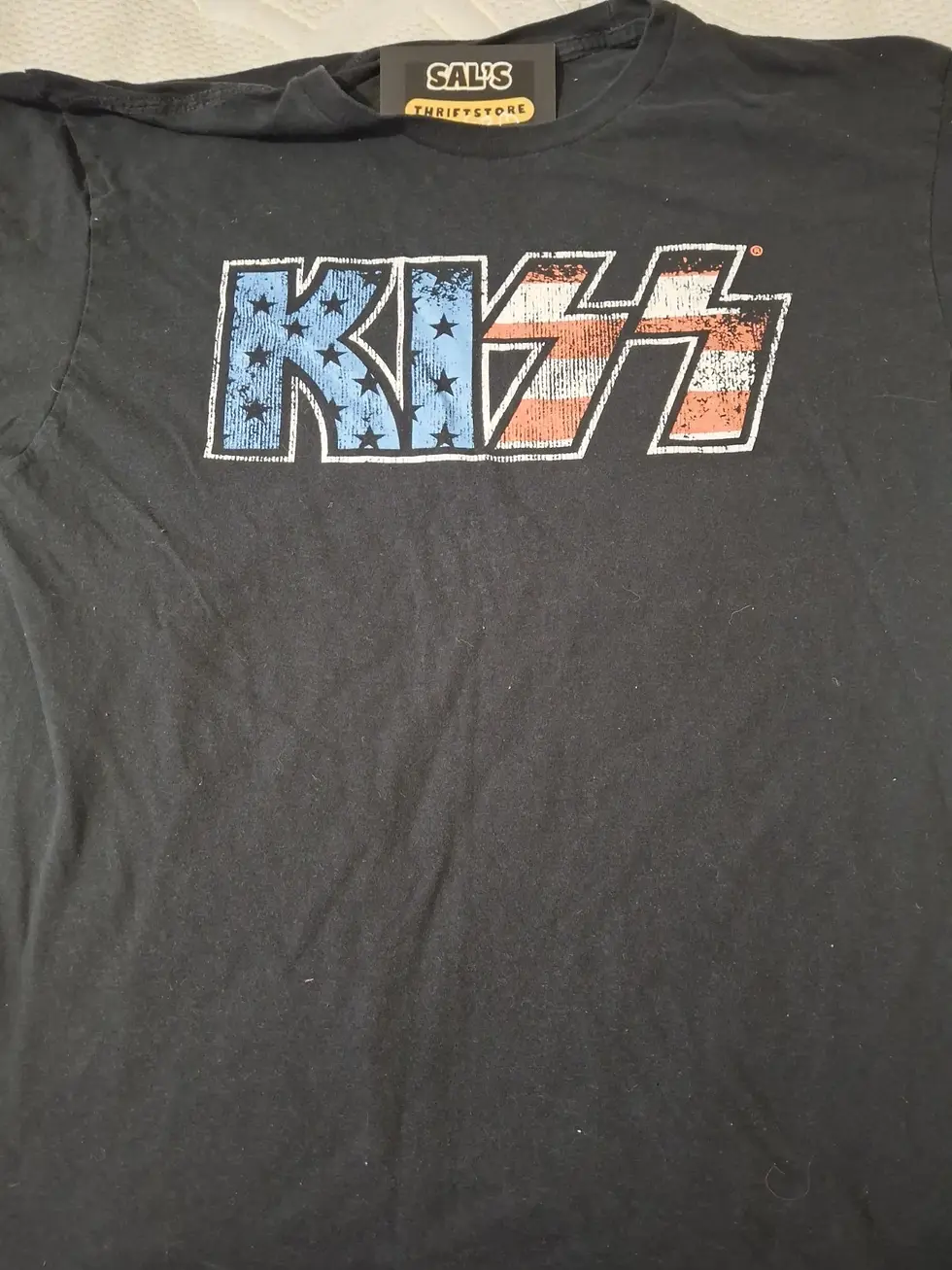Men's Large KISS American Flag Logo Graphic T Shirt Black Rock N Roll