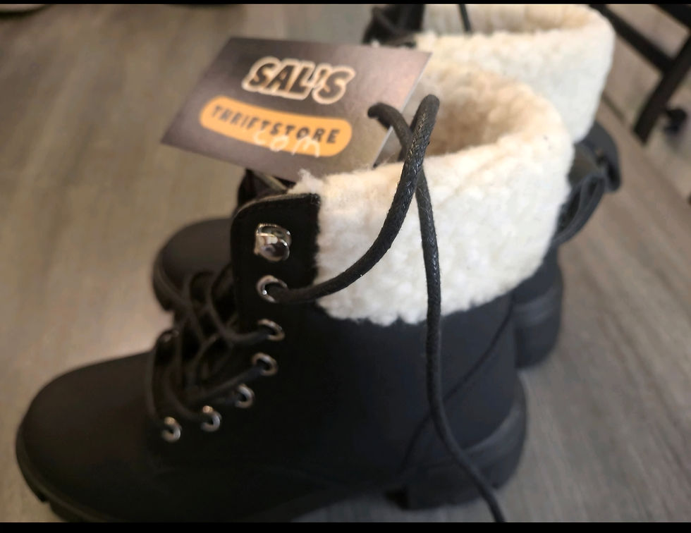 Thumbnail: Women's Size 7 black lace-up combat boots with beige Faux Fur