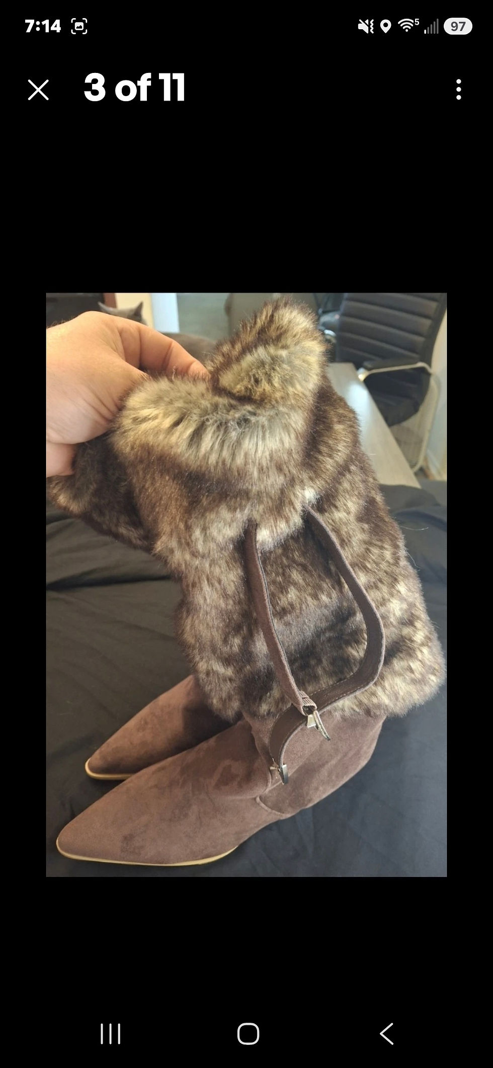 Thumbnail: Women's Size 7 brown faux suede knee-high boots feature a plush faux fur trim