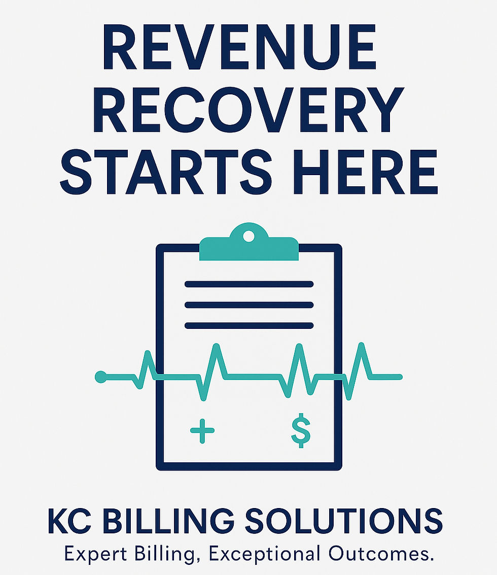 KC Billing Solutions branded graphic with the headline ‘Revenue Recovery Starts Here’ promoting medical billing audits and revenue cycle support for private practices.