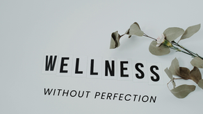 The word WELLNESS spelled out in black letters on white cards, next to a sprig of dried eucalyptus with a single small white flower.