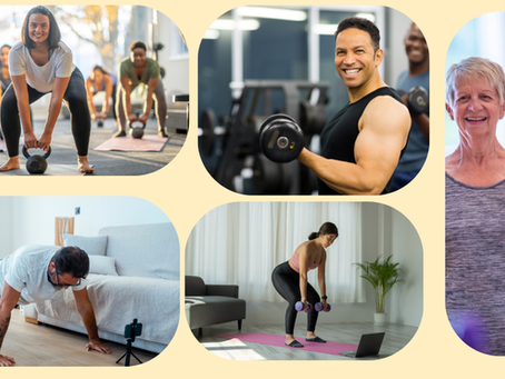 Collage of people wearing athletic clothes doing various weight lifting workouts.