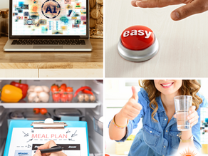 a laptop open and easy button and open refigeratior with healthy food in it and a woman with a cup of water giving a thumbs up