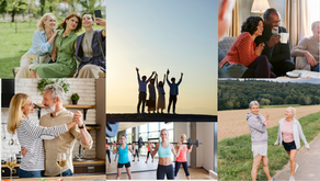 Collage of smiling adults with friends, dancing, posing, working out, and walking outdoors in bright social scenes.
