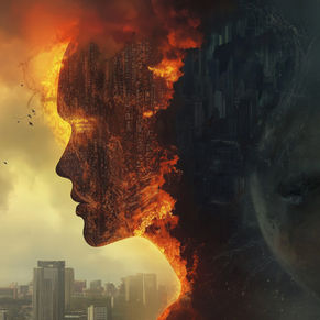 A head, with one half on fire and one in the dark