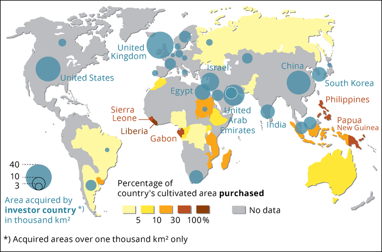 La prochaine Guerre mondiale? Selon l’ONG GRAIN, le "land grabbing" représentait en 2018 près de 14,8 milliards de dollars. Illustration : Agence européenne pour l’environnement (2024). Acquisitions foncières transnationales.