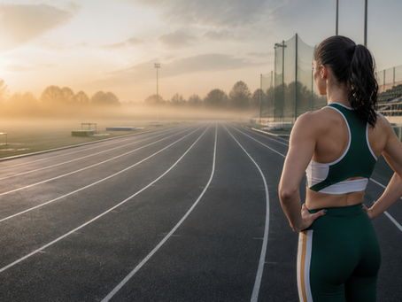 Female multi-event athlete looking down an athletics track, representing strategic priorities, resource allocation and overall performance.