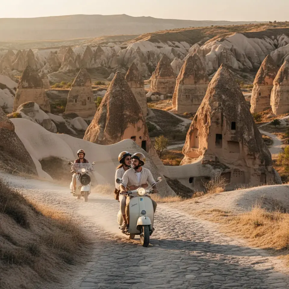 Tourists resting with motor scooters in Cappadocia fairy chimneys