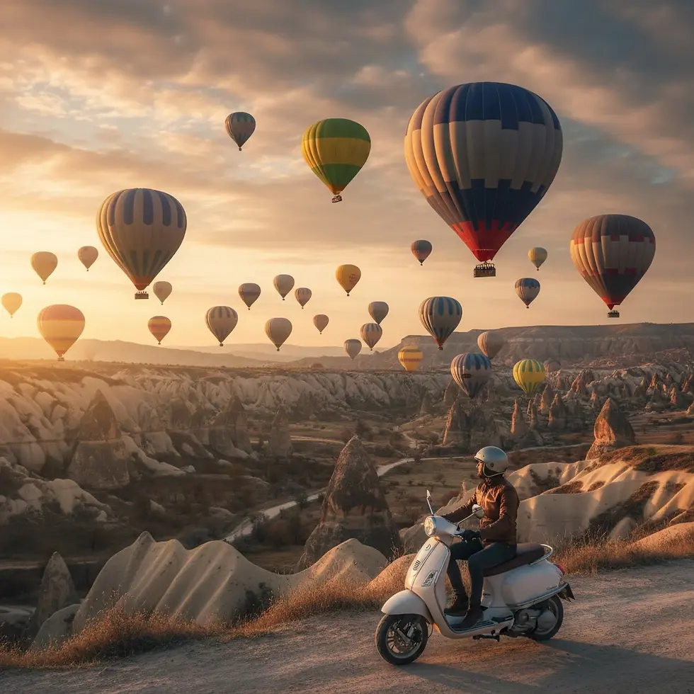 Motorcyclist on a road watches colorful hot air balloons float over a rocky landscape at sunset, creating a serene, picturesque scene.