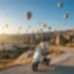 Tourists riding motor scooters in Cappadocia valley with fairy chimneys