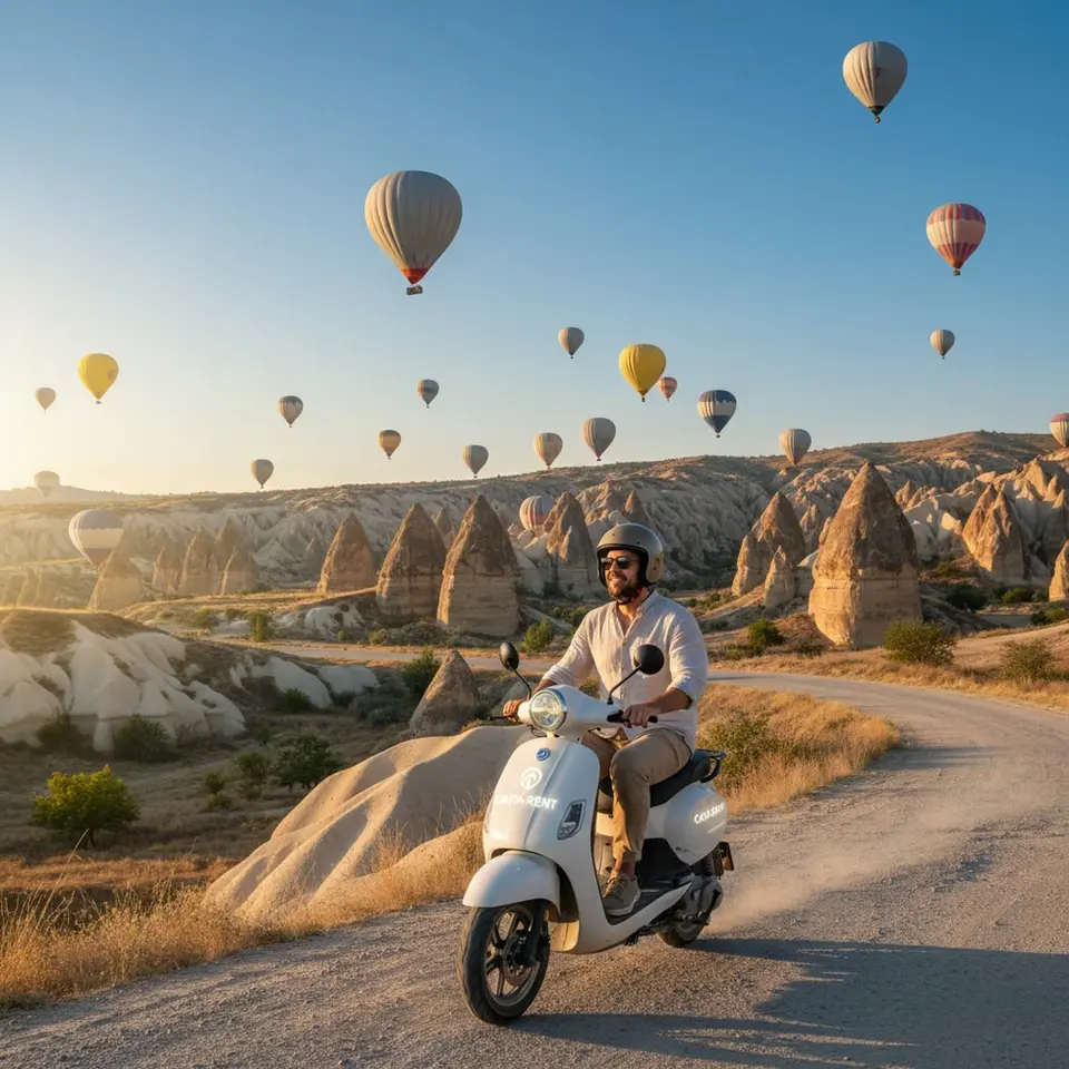 Tourists riding motor scooters in Cappadocia valley with fairy chimneys