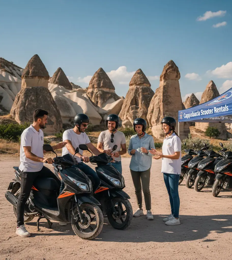 Group of tourists riding scooters in Cappadocia fairy chimneys