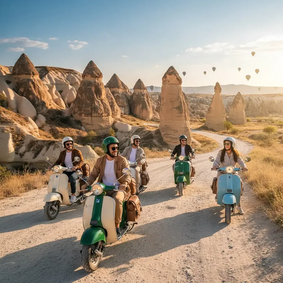 Cappadocia scooter tour with fairy chimneys and tourists
