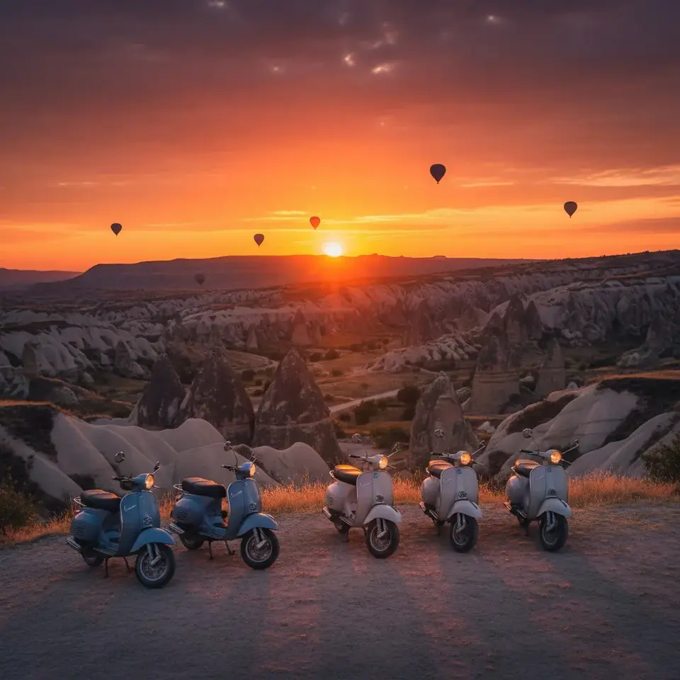 Golden hour scooter ride in Cappadocia fairy chimneys