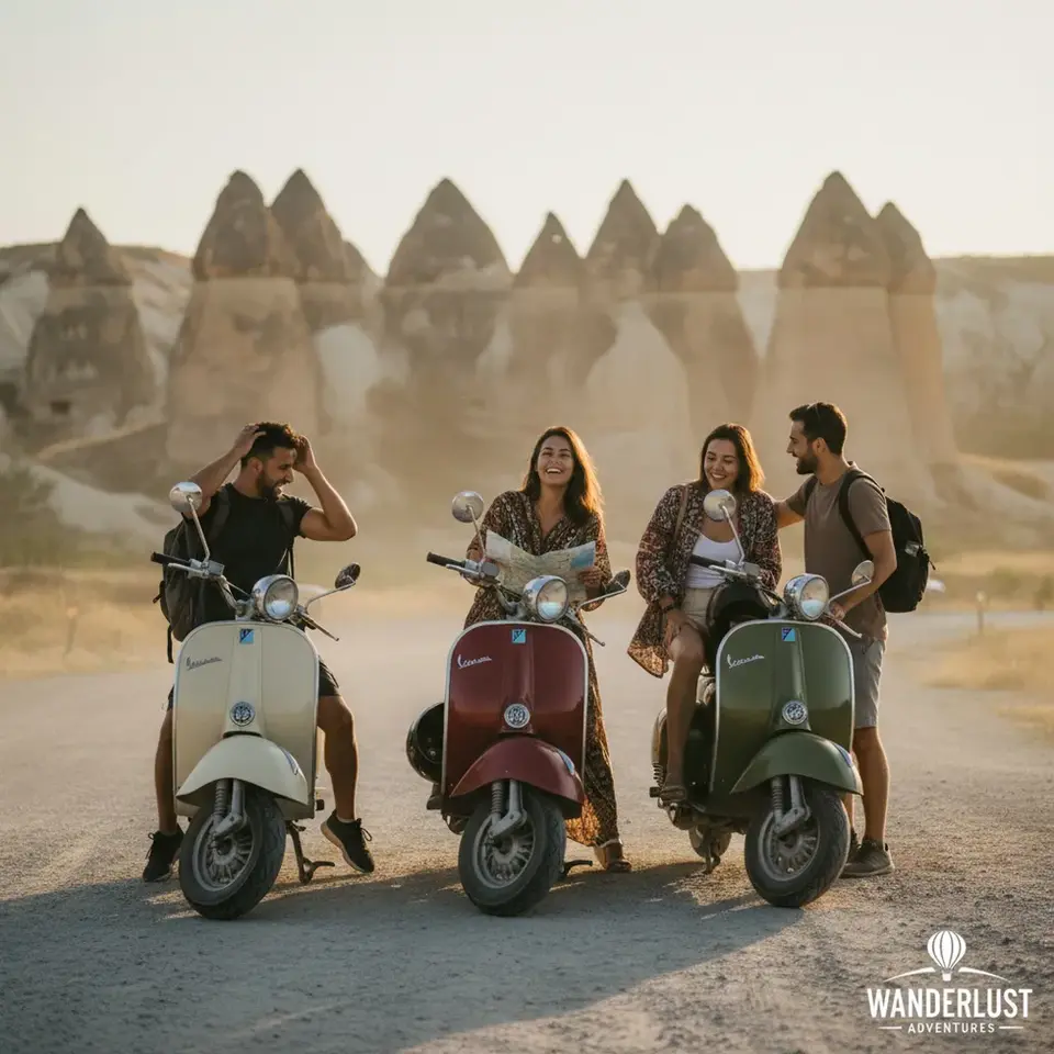 Tourists traveling by motor scooter in Goreme Cappadocia fairy chimneys