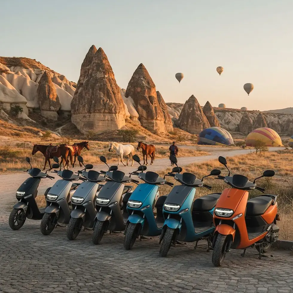 delivery scooter rental in Cappadocia with fairy chimneys and hot air balloons