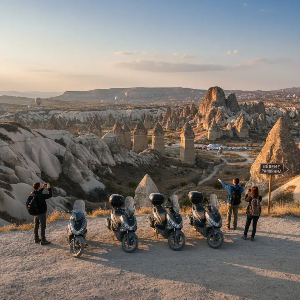 Tourists riding gasoline motor scooters in Cappadocia