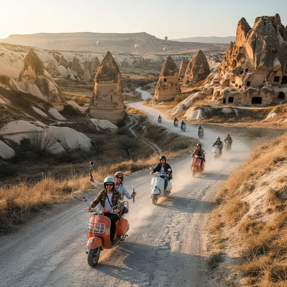 Cappadocia scooter rental with tourists riding motor scooters among fairy chimneys