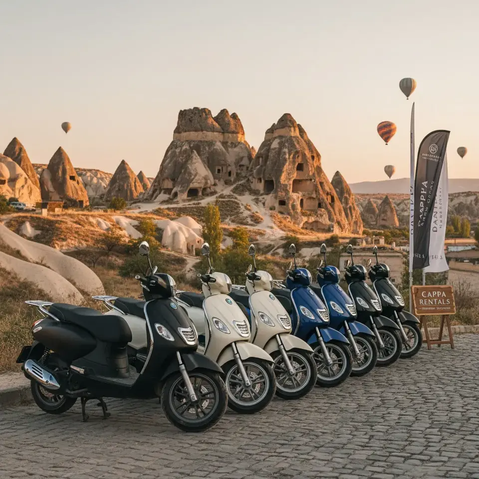 Scooter ride through narrow valley in Cappadocia fairy chimneys