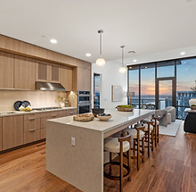 Modern kitchen with sunset view