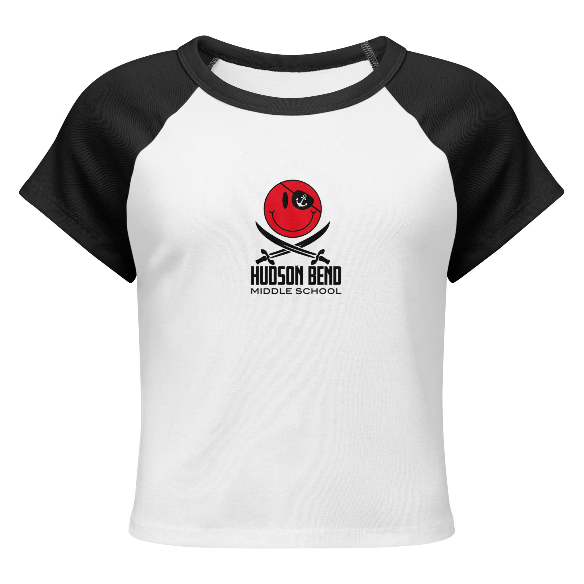 Red Smiley Face: Women’s micro rib raglan baby tee