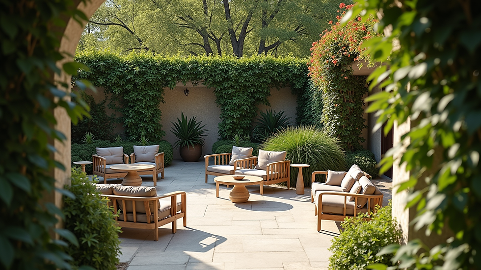 High angle view of garden with outdoor seating and greenery