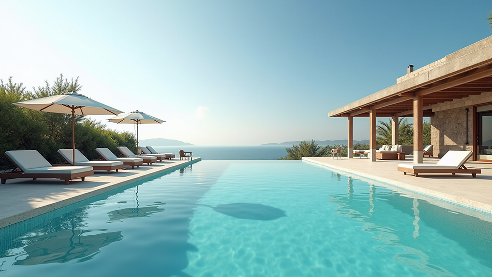 Wide angle view of Casa do Lago villa private pool and sun loungers