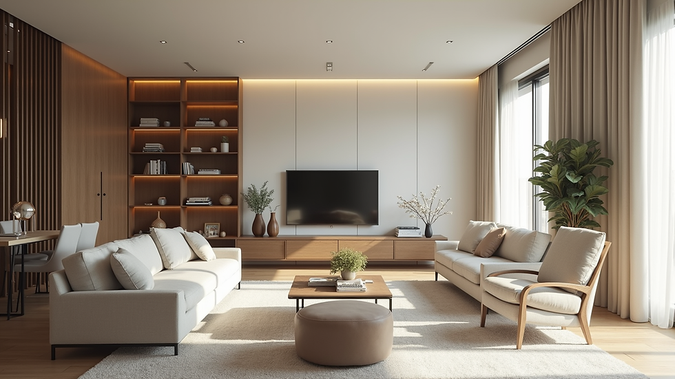Eye-level view of spacious living room with modern furniture