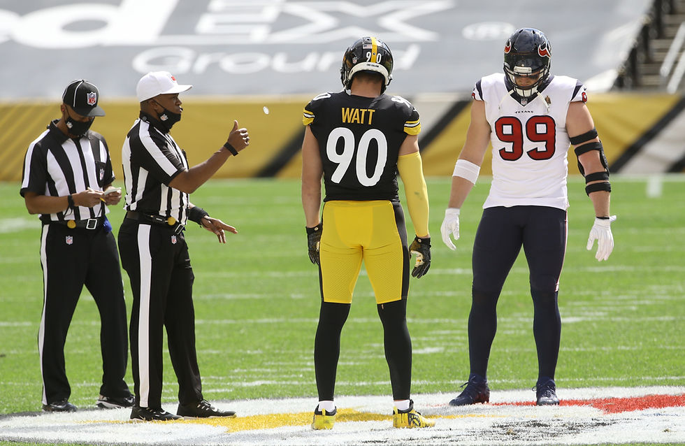 Steelers outside linebacker T.J. Watt and Texans defensive end J.J. Watt before their game at Heinz Field.
