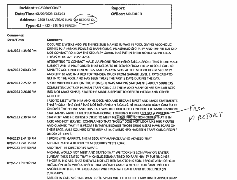 Adult making child drink alcohol at M Resort Spa Casino reported by Michael Ian Vargo. Penn Entertainment files false TPO against Michael Ian Vargo to cover up story.