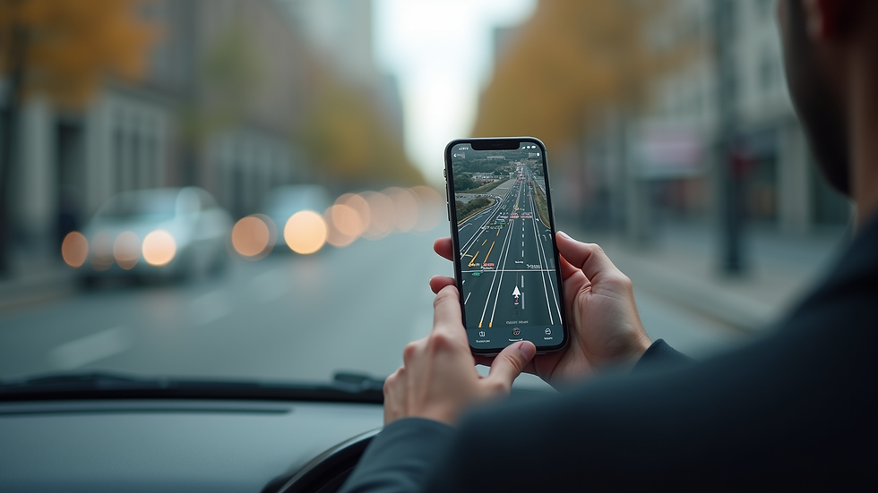 Wide angle view of a smartphone displaying a traffic navigation app