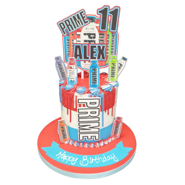 A stylish and elegant cake featuring a decorative design of swirling shapes in varying shades of blue and white, perfect for special celebrations.