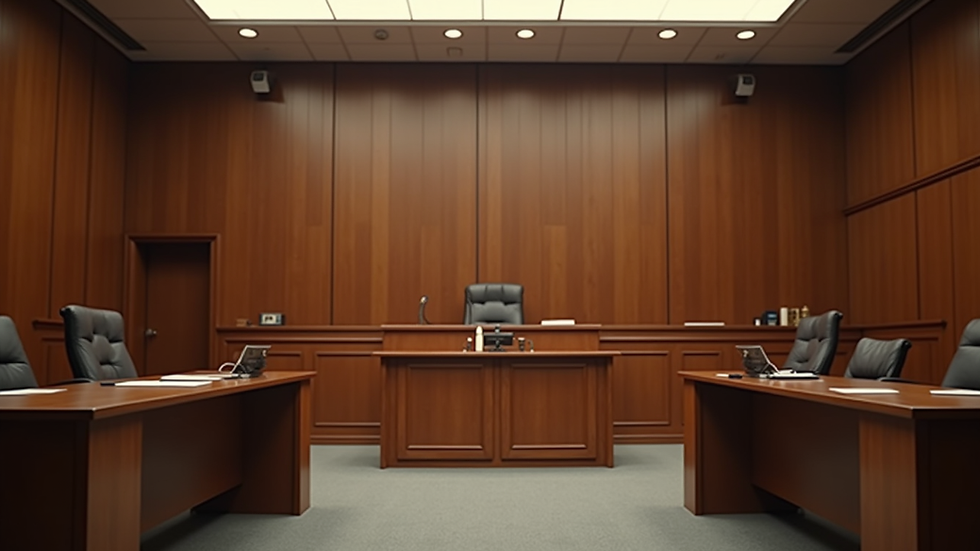 Eye-level view of a courtroom with an interpreter's booth in the background