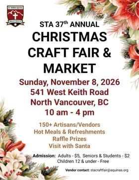 STA 37th Annual Christmas Craft Fair & Market – Sunday, November 8, 2026, 541 West Keith Road, North Vancouver, 10 am – 4 pm