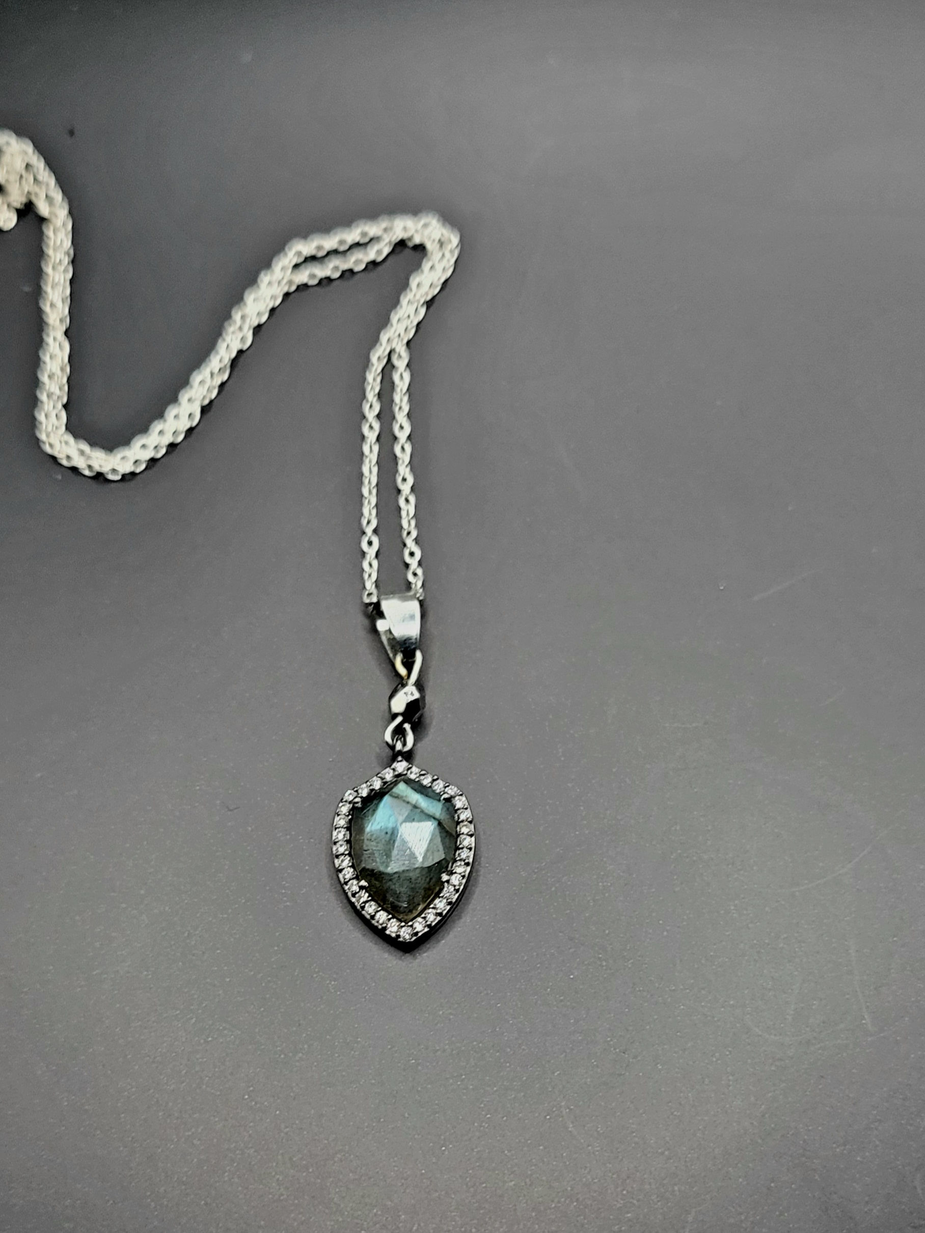 Labradorite Shield Pendant Necklace with rhinestones