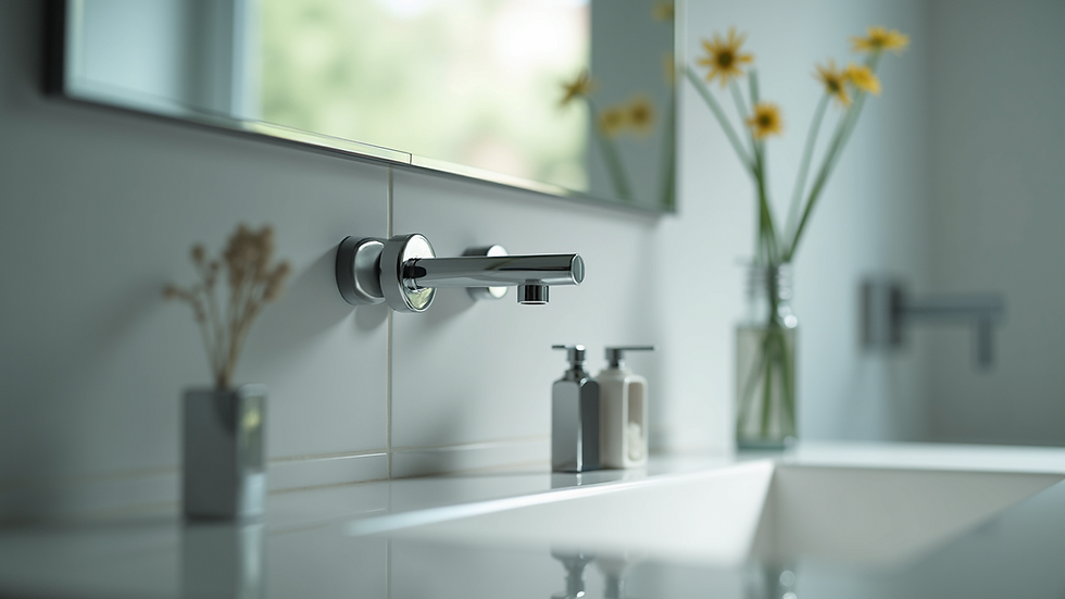 Close-up view of modern bathroom fixtures including faucet and sink