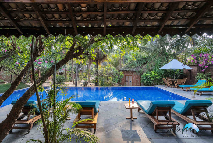 Covered patio beside a blue pool surrounded by plants.